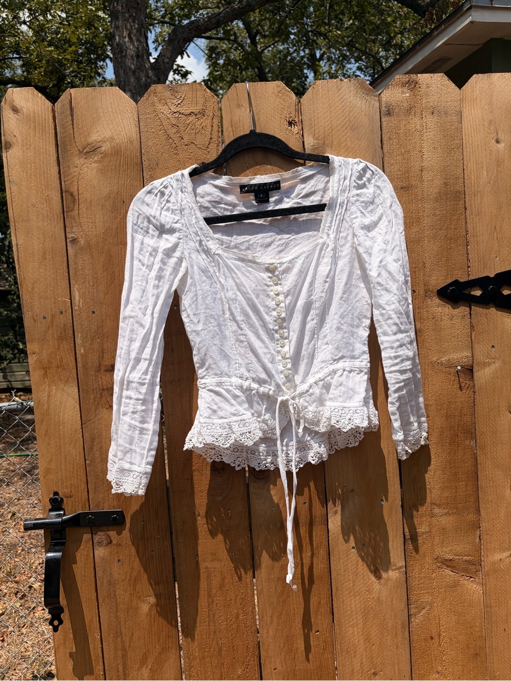 Ralph Lauren White Lace-Trim Women's Peasant Pearlized Buttons Cotton XS